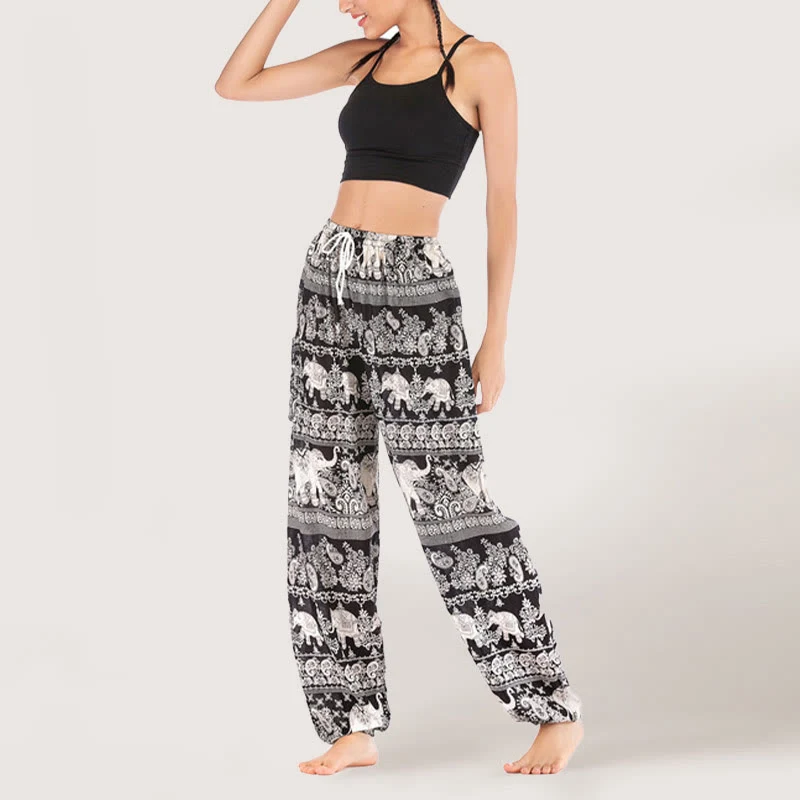 Olivenorma Yogahose mit ethnischem Elefantenmotiv, Viskose, Haremshose für Damen mit elastischer Taille