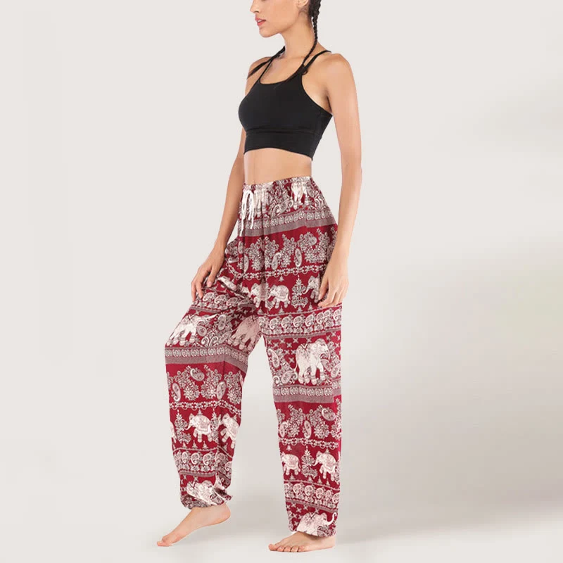 Olivenorma Yogahose mit ethnischem Elefantenmotiv, Viskose, Haremshose für Damen mit elastischer Taille