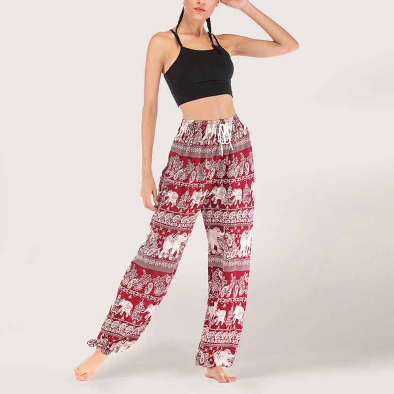 Olivenorma Yogahose mit ethnischem Elefantenmotiv, Viskose, Haremshose für Damen mit elastischer Taille