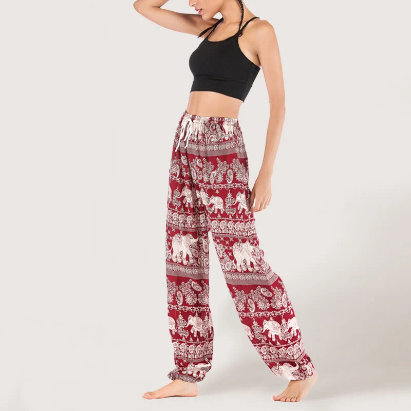 Olivenorma Yogahose mit ethnischem Elefantenmotiv, Viskose, Haremshose für Damen mit elastischer Taille