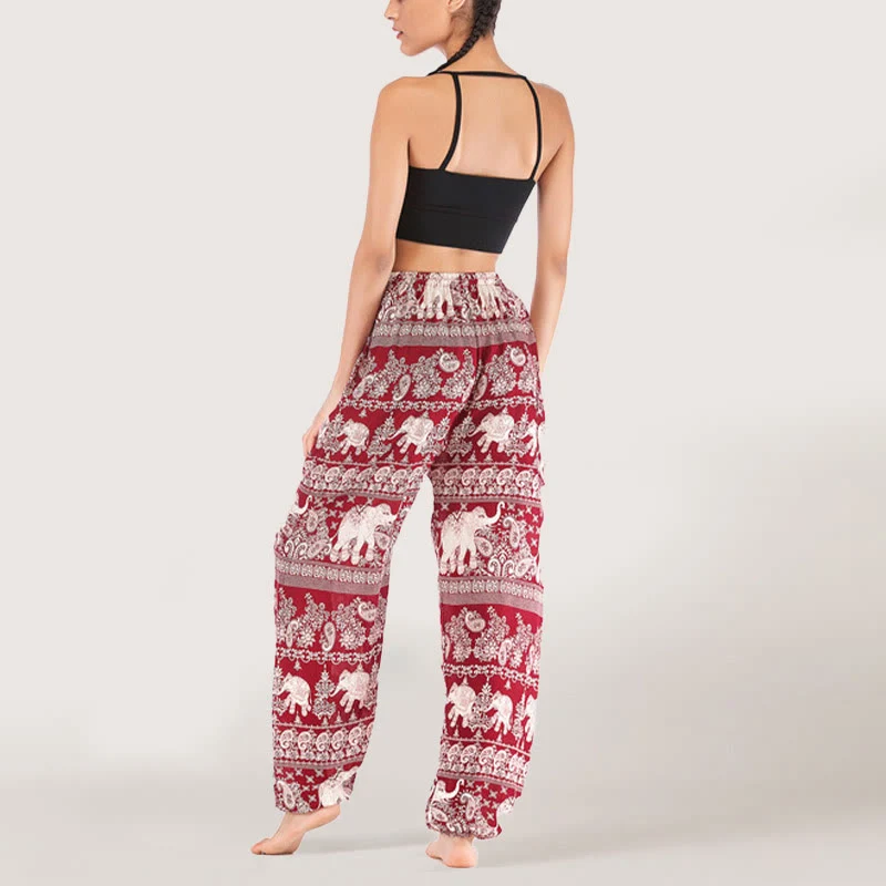 Olivenorma Yogahose mit ethnischem Elefantenmotiv, Viskose, Haremshose für Damen mit elastischer Taille
