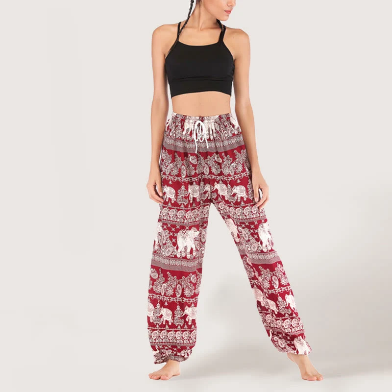 Olivenorma Yogahose mit ethnischem Elefantenmotiv, Viskose, Haremshose für Damen mit elastischer Taille