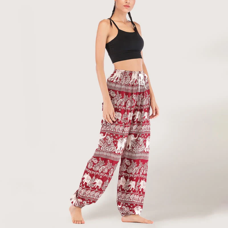 Olivenorma Yogahose mit ethnischem Elefantenmotiv, Viskose, Haremshose für Damen mit elastischer Taille