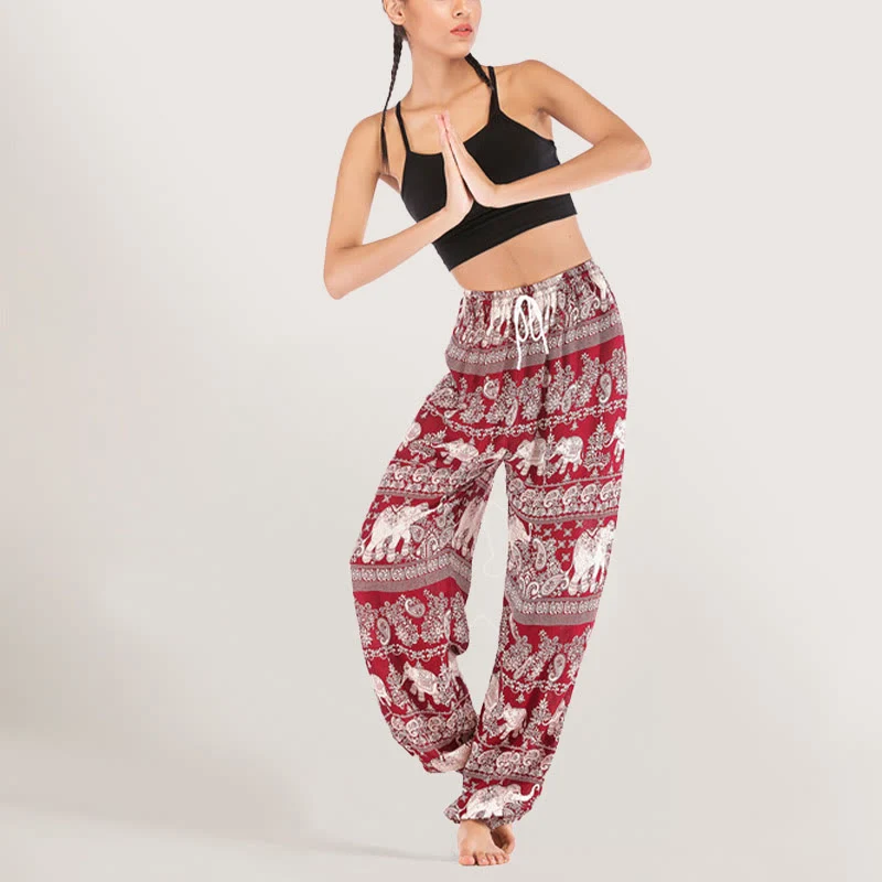 Olivenorma Yogahose mit ethnischem Elefantenmotiv, Viskose, Haremshose für Damen mit elastischer Taille