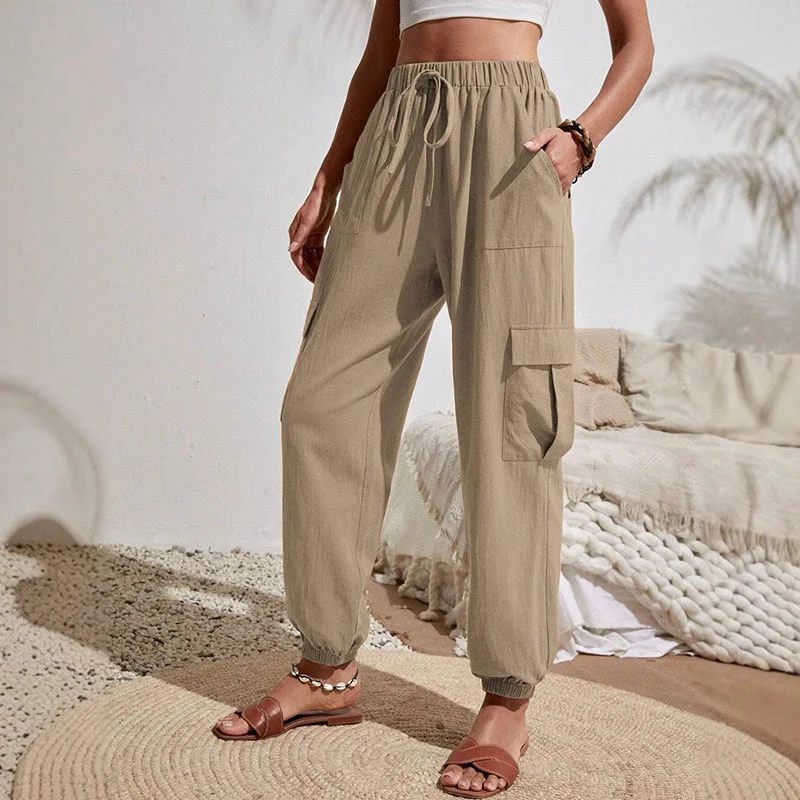 Olivenorma Damen Einfarbige Cargohose mit hoher Taille und Kordelzug zum Wandern, Joggen