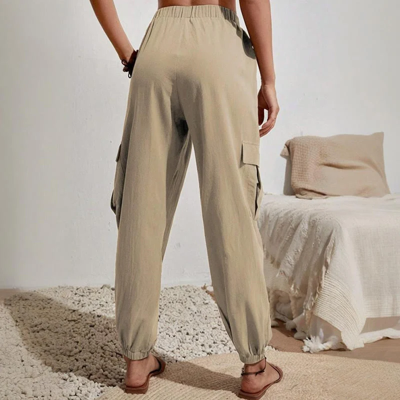 Olivenorma Damen Einfarbige Cargohose mit hoher Taille und Kordelzug zum Wandern, Joggen