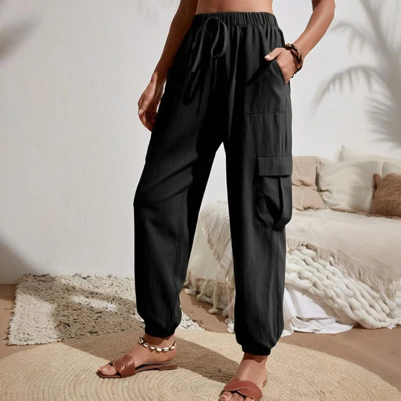 Olivenorma Damen Einfarbige Cargohose mit hoher Taille und Kordelzug zum Wandern, Joggen