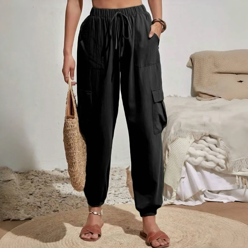Olivenorma Damen Einfarbige Cargohose mit hoher Taille und Kordelzug zum Wandern, Joggen