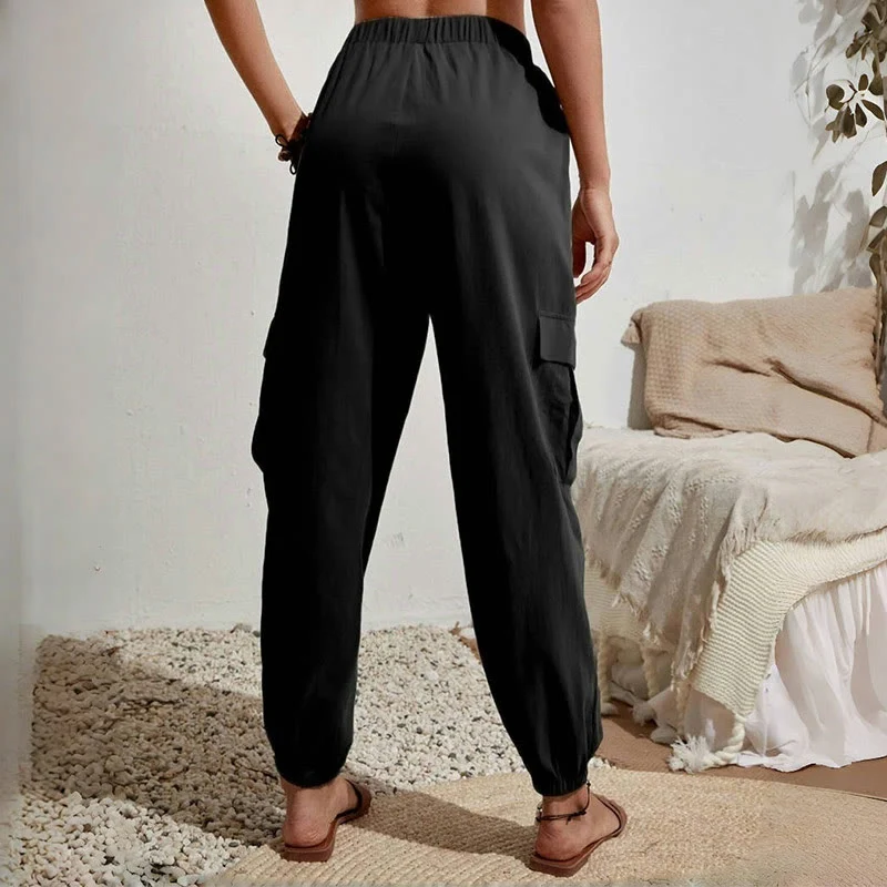 Olivenorma Damen Einfarbige Cargohose mit hoher Taille und Kordelzug zum Wandern, Joggen