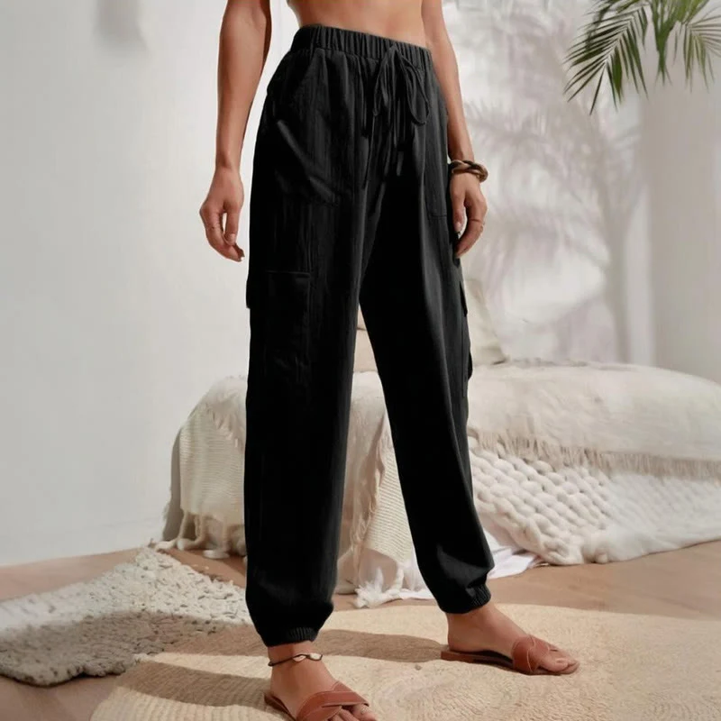 Olivenorma Damen Einfarbige Cargohose mit hoher Taille und Kordelzug zum Wandern, Joggen