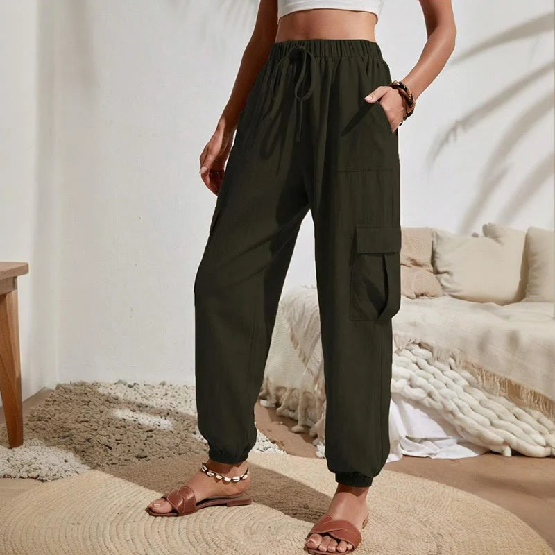 Olivenorma Damen Einfarbige Cargohose mit hoher Taille und Kordelzug zum Wandern, Joggen