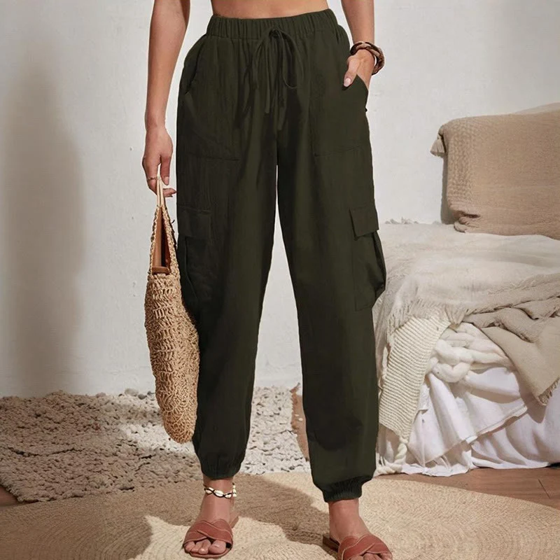 Olivenorma Damen Einfarbige Cargohose mit hoher Taille und Kordelzug zum Wandern, Joggen