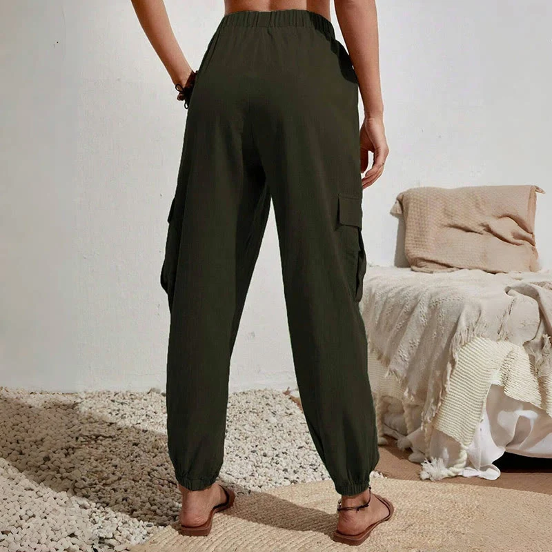 Olivenorma Damen Einfarbige Cargohose mit hoher Taille und Kordelzug zum Wandern, Joggen