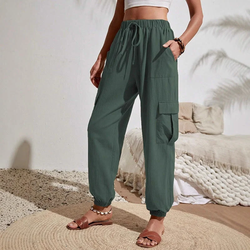 Olivenorma Damen Einfarbige Cargohose mit hoher Taille und Kordelzug zum Wandern, Joggen