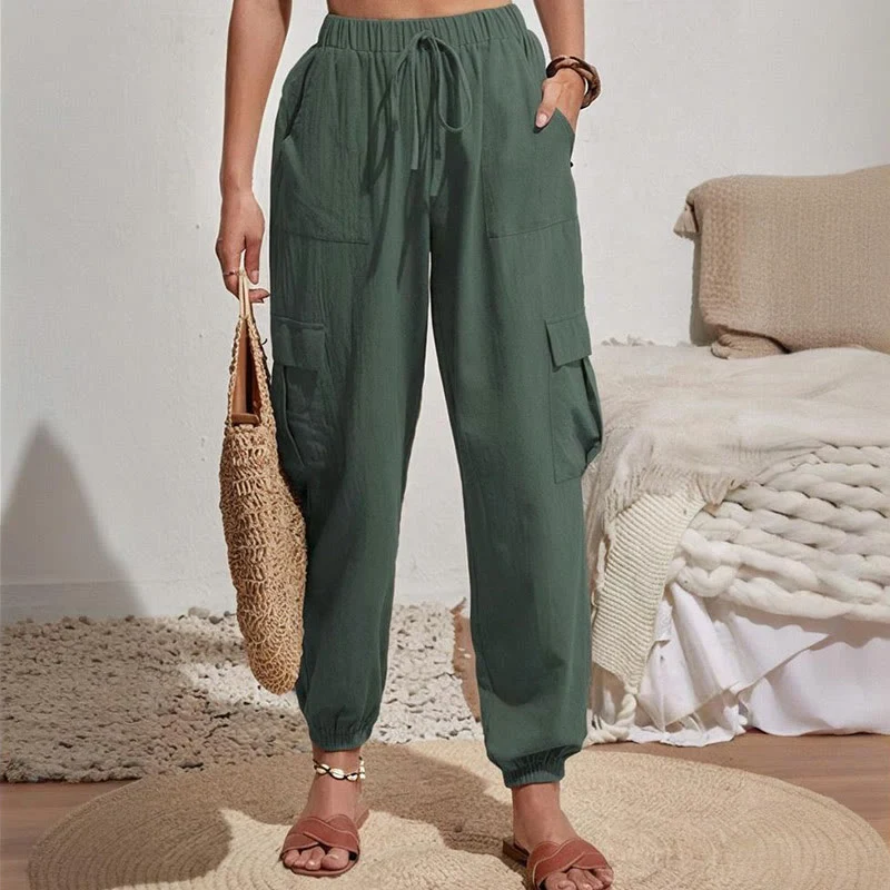 Olivenorma Damen Einfarbige Cargohose mit hoher Taille und Kordelzug zum Wandern, Joggen