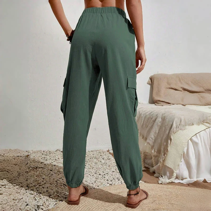 Olivenorma Damen Einfarbige Cargohose mit hoher Taille und Kordelzug zum Wandern, Joggen