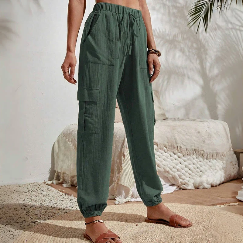Olivenorma Damen Einfarbige Cargohose mit hoher Taille und Kordelzug zum Wandern, Joggen