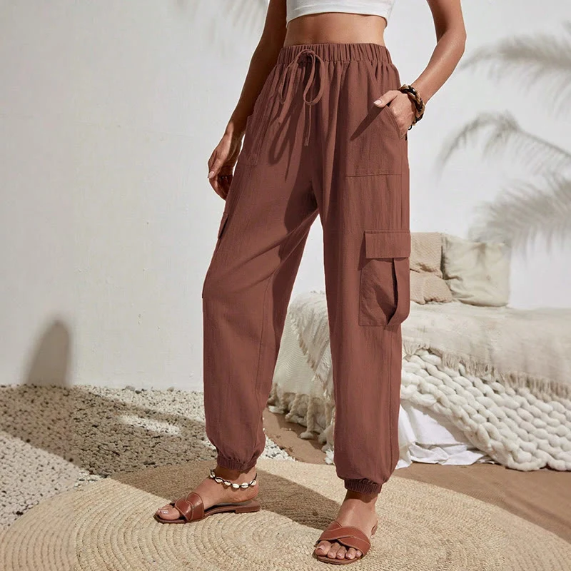 Olivenorma Damen Einfarbige Cargohose mit hoher Taille und Kordelzug zum Wandern, Joggen