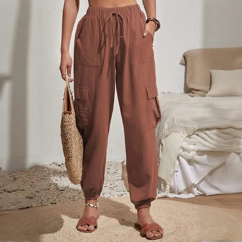 Olivenorma Damen Einfarbige Cargohose mit hoher Taille und Kordelzug zum Wandern, Joggen