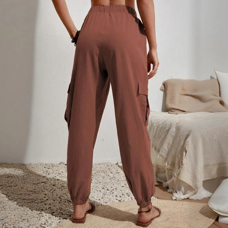 Olivenorma Damen Einfarbige Cargohose mit hoher Taille und Kordelzug zum Wandern, Joggen