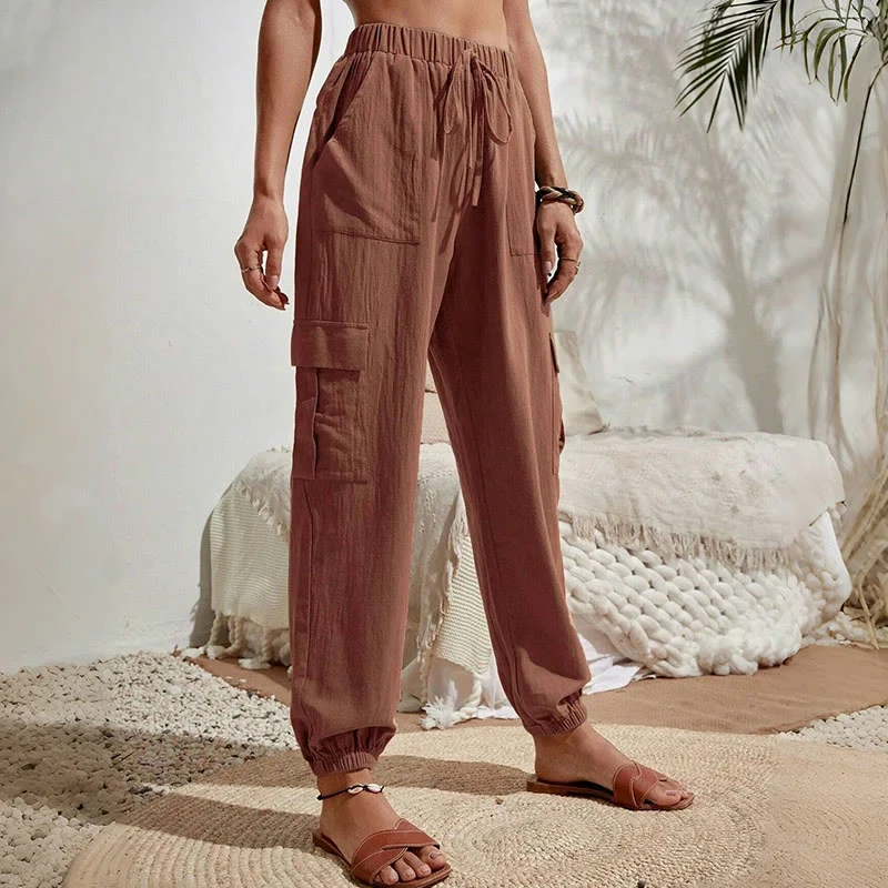 Olivenorma Damen Einfarbige Cargohose mit hoher Taille und Kordelzug zum Wandern, Joggen