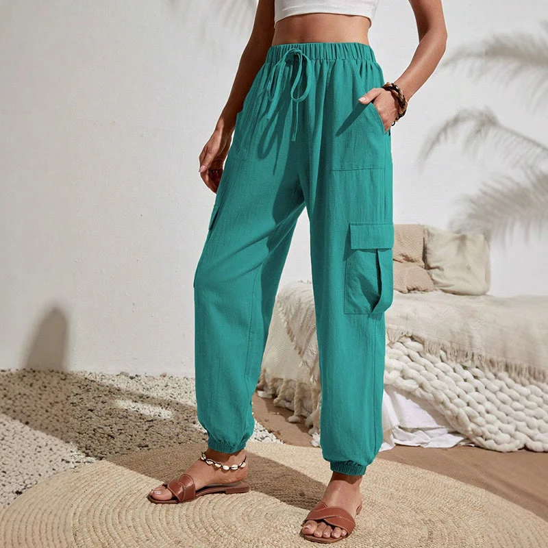 Olivenorma Damen Einfarbige Cargohose mit hoher Taille und Kordelzug zum Wandern, Joggen