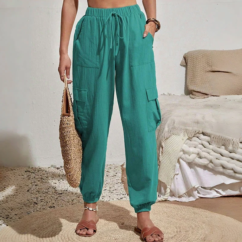 Olivenorma Damen Einfarbige Cargohose mit hoher Taille und Kordelzug zum Wandern, Joggen