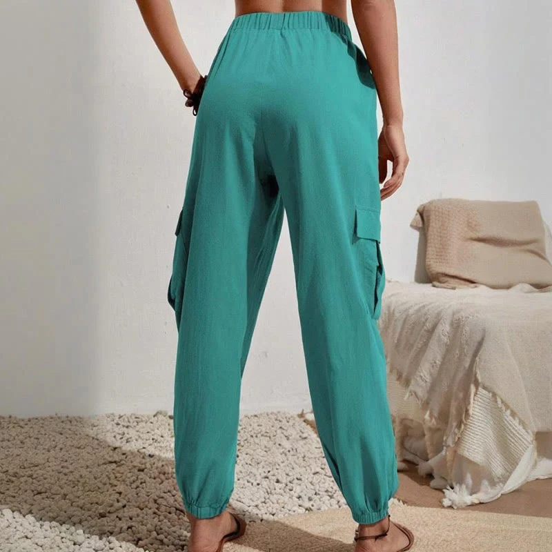 Olivenorma Damen Einfarbige Cargohose mit hoher Taille und Kordelzug zum Wandern, Joggen