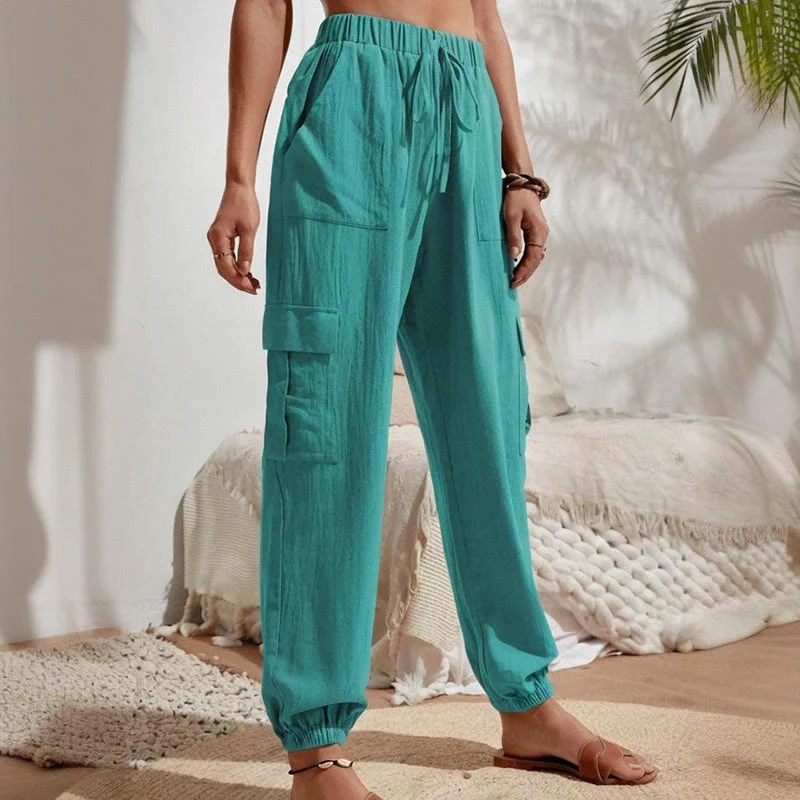 Olivenorma Damen Einfarbige Cargohose mit hoher Taille und Kordelzug zum Wandern, Joggen