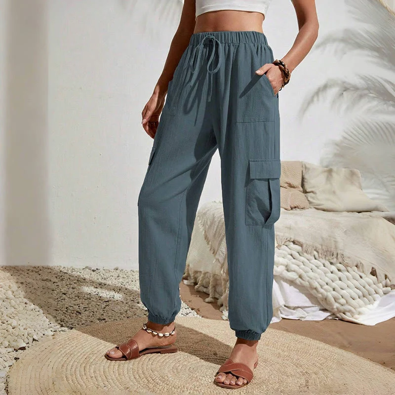 Olivenorma Damen Einfarbige Cargohose mit hoher Taille und Kordelzug zum Wandern, Joggen