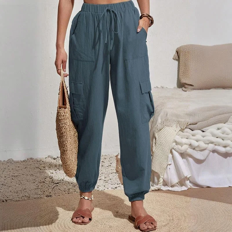 Olivenorma Damen Einfarbige Cargohose mit hoher Taille und Kordelzug zum Wandern, Joggen