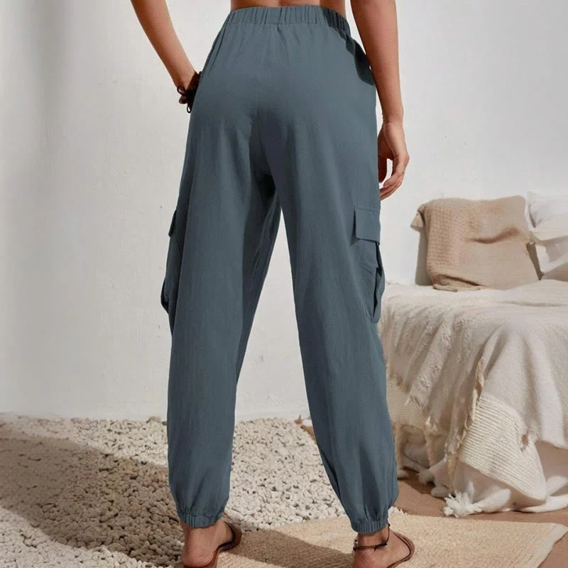 Olivenorma Damen Einfarbige Cargohose mit hoher Taille und Kordelzug zum Wandern, Joggen