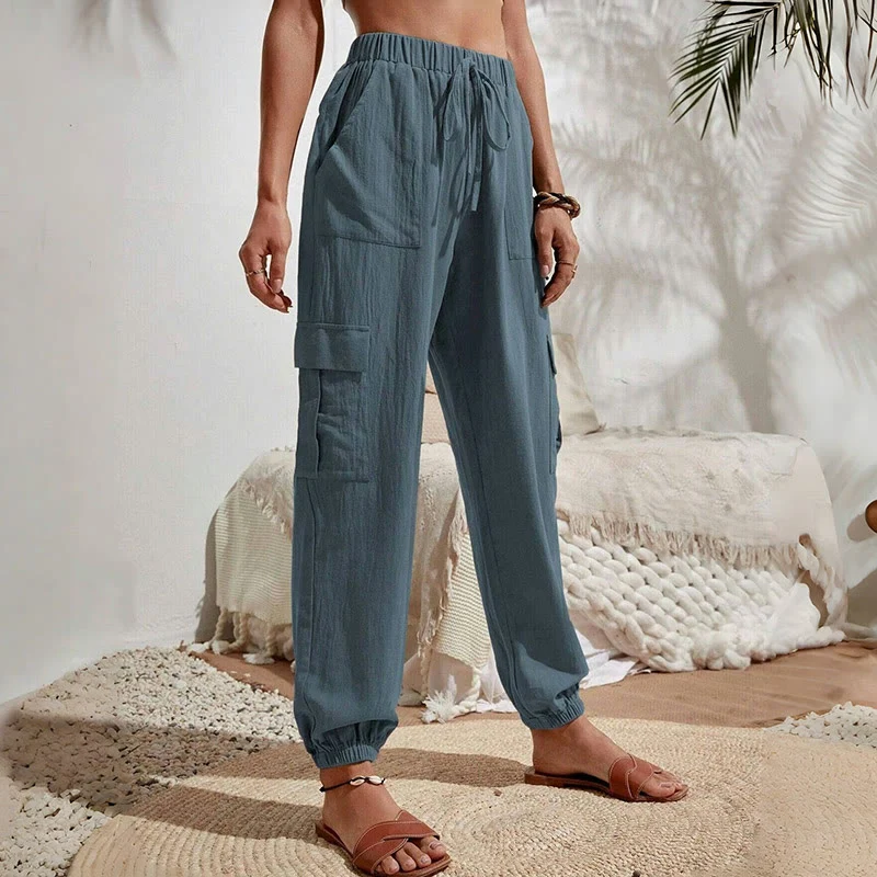 Olivenorma Damen Einfarbige Cargohose mit hoher Taille und Kordelzug zum Wandern, Joggen