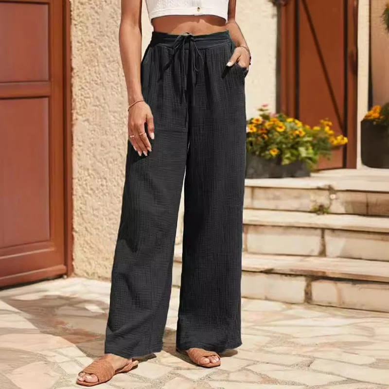 Olivenorma Einfarbige, elastische Damen-Baggy-Hose aus Leinen mit mittlerer Taille und Taschen