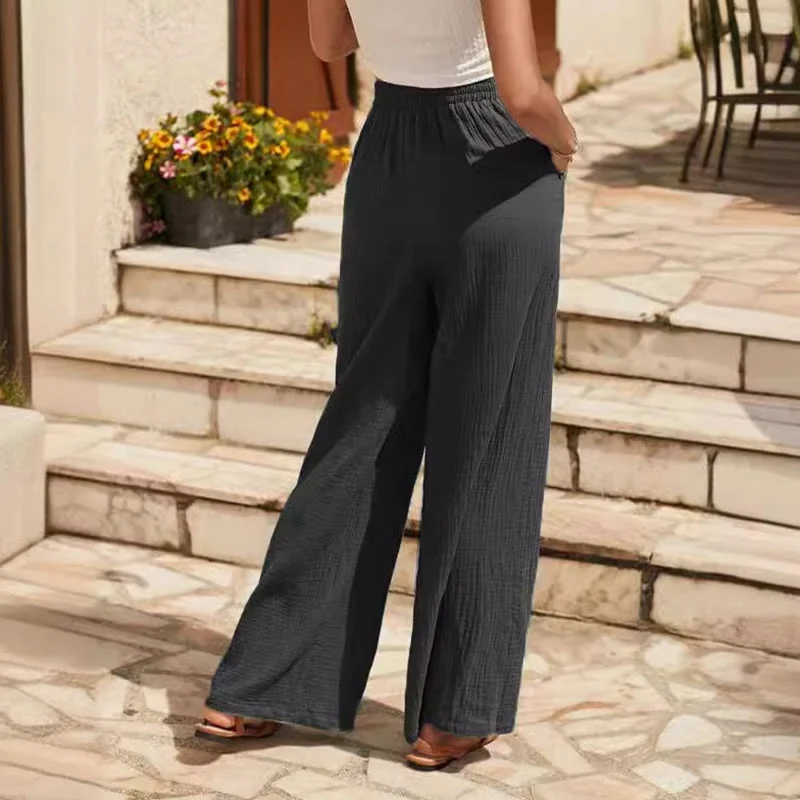 Olivenorma Einfarbige, elastische Damen-Baggy-Hose aus Leinen mit mittlerer Taille und Taschen