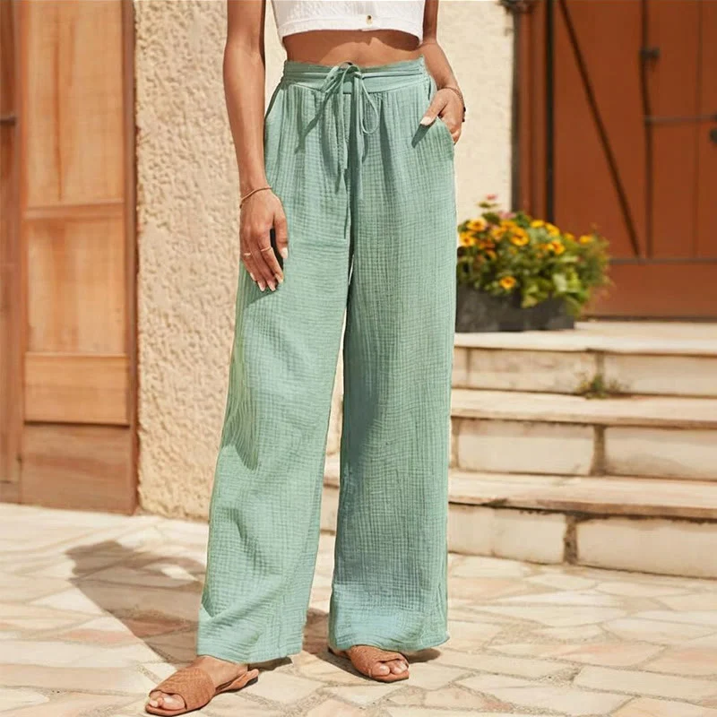 Olivenorma Einfarbige, elastische Damen-Baggy-Hose aus Leinen mit mittlerer Taille und Taschen