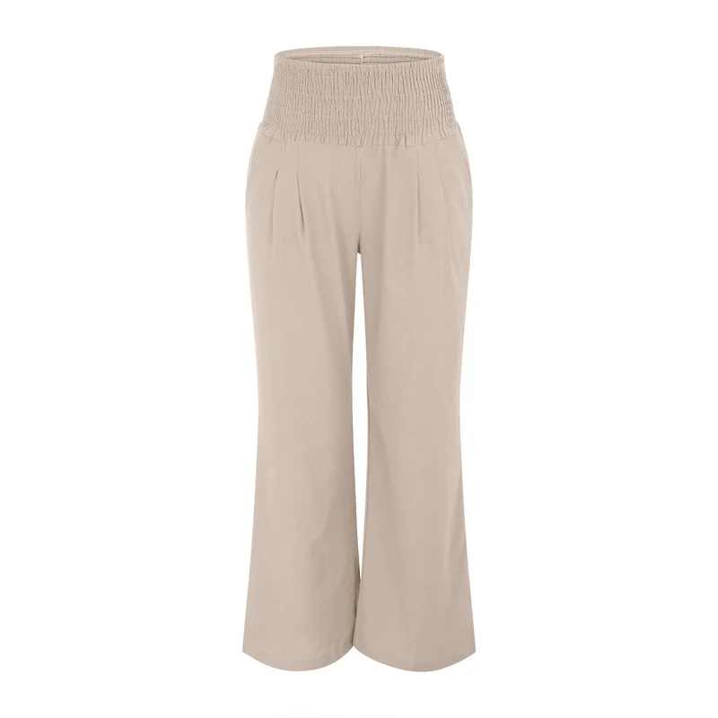 Olivenorma Damen-Loungehose in Unifarbe mit weitem Bein, hoher Taille und lockerer Passform, mit Taschen