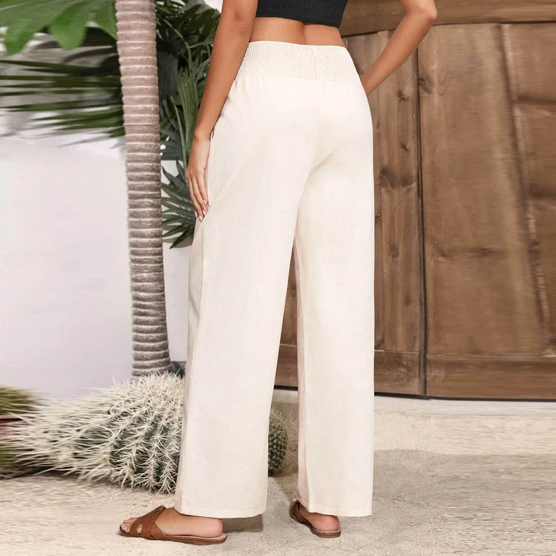 Olivenorma Damen-Loungehose in Unifarbe mit weitem Bein, hoher Taille und lockerer Passform, mit Taschen