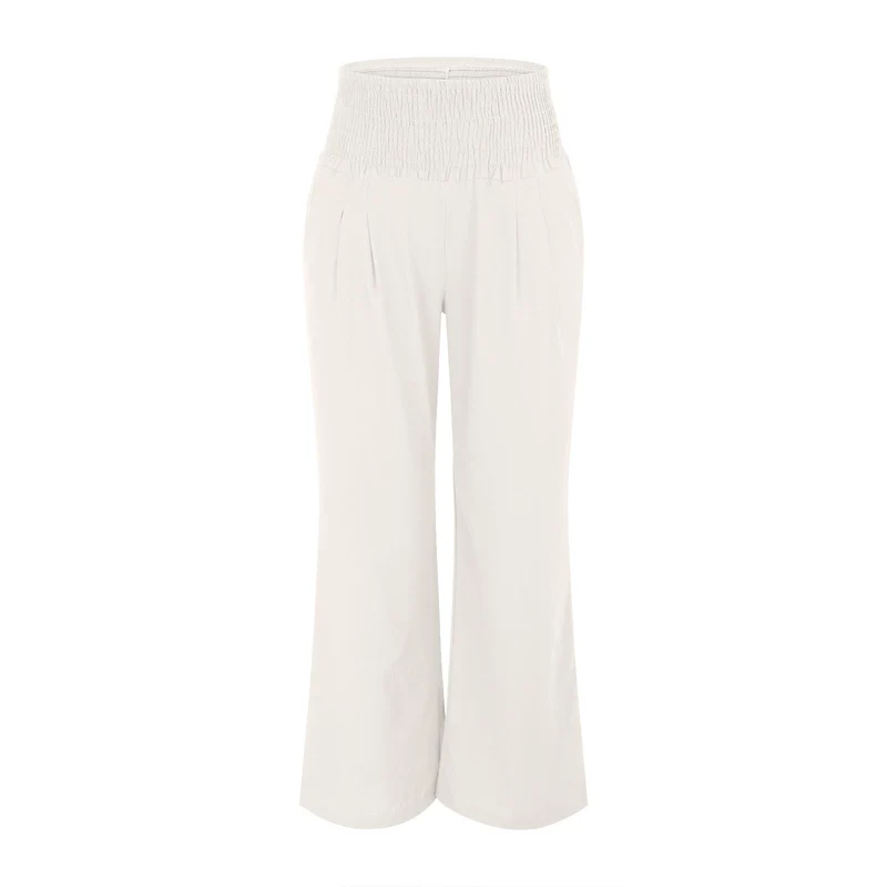 Olivenorma Damen-Loungehose in Unifarbe mit weitem Bein, hoher Taille und lockerer Passform, mit Taschen