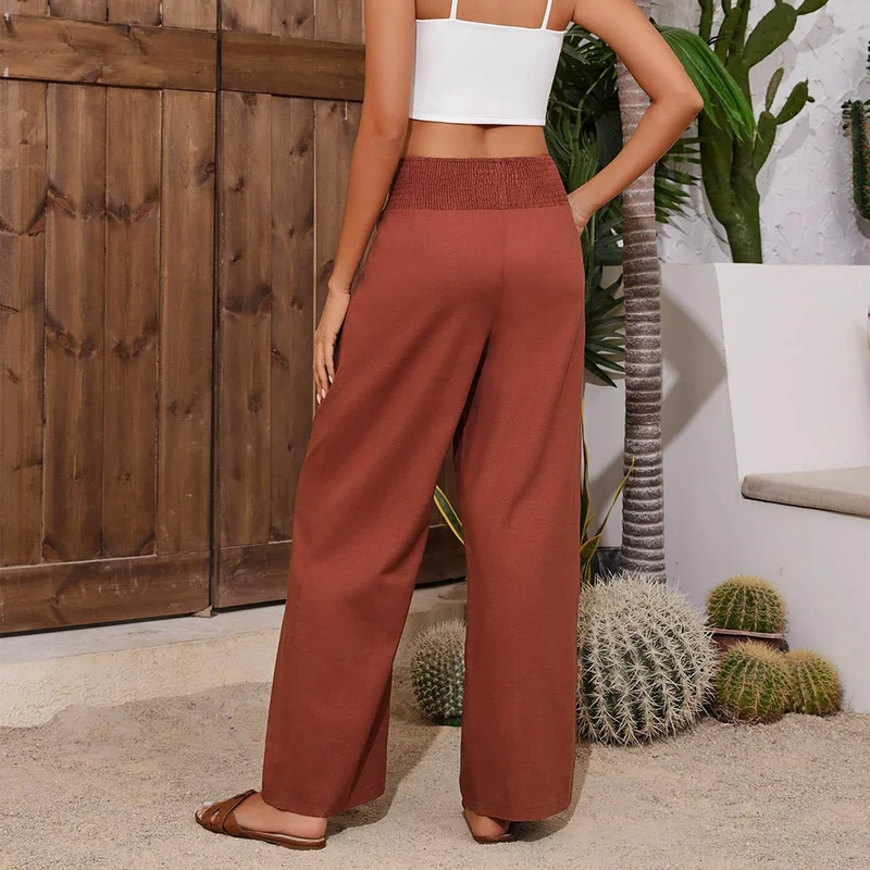 Olivenorma Damen-Loungehose in Unifarbe mit weitem Bein, hoher Taille und lockerer Passform, mit Taschen