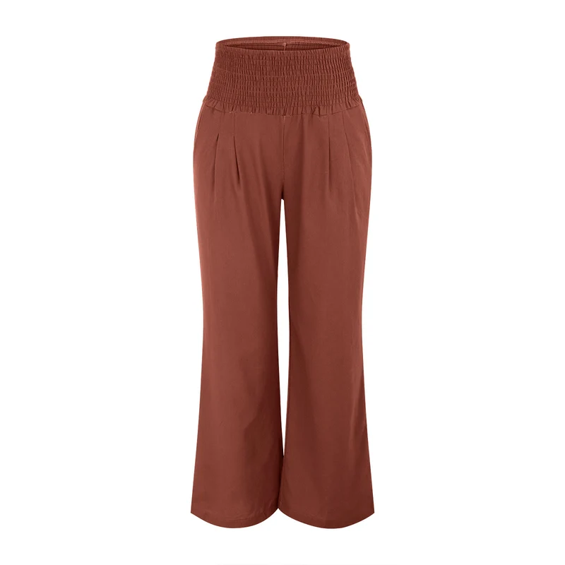 Olivenorma Damen-Loungehose in Unifarbe mit weitem Bein, hoher Taille und lockerer Passform, mit Taschen