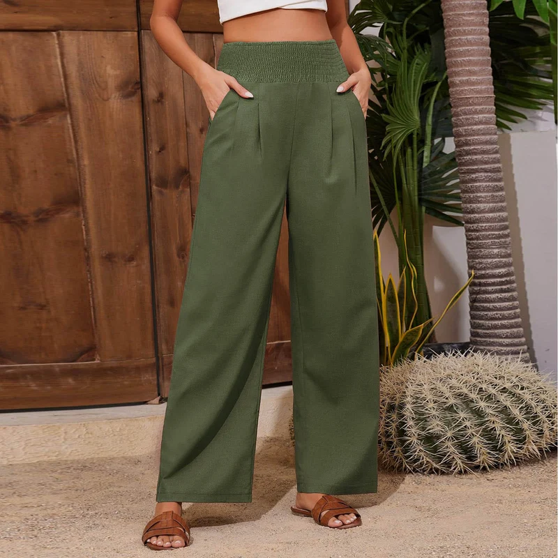 Olivenorma Damen-Loungehose in Unifarbe mit weitem Bein, hoher Taille und lockerer Passform, mit Taschen
