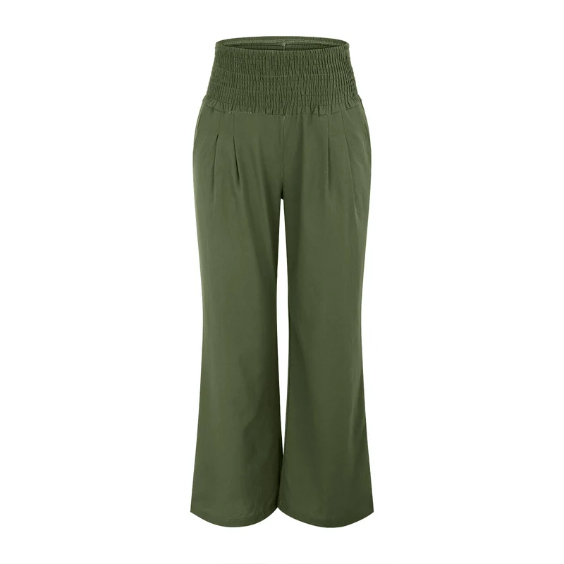 Olivenorma Damen-Loungehose in Unifarbe mit weitem Bein, hoher Taille und lockerer Passform, mit Taschen