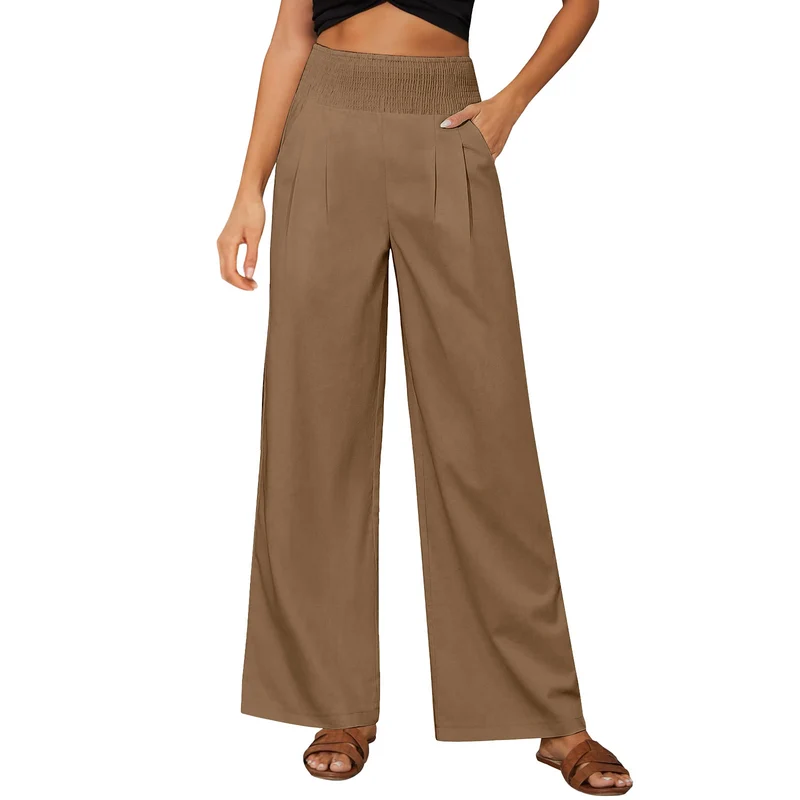 Olivenorma Damen-Loungehose in Unifarbe mit weitem Bein, hoher Taille und lockerer Passform, mit Taschen