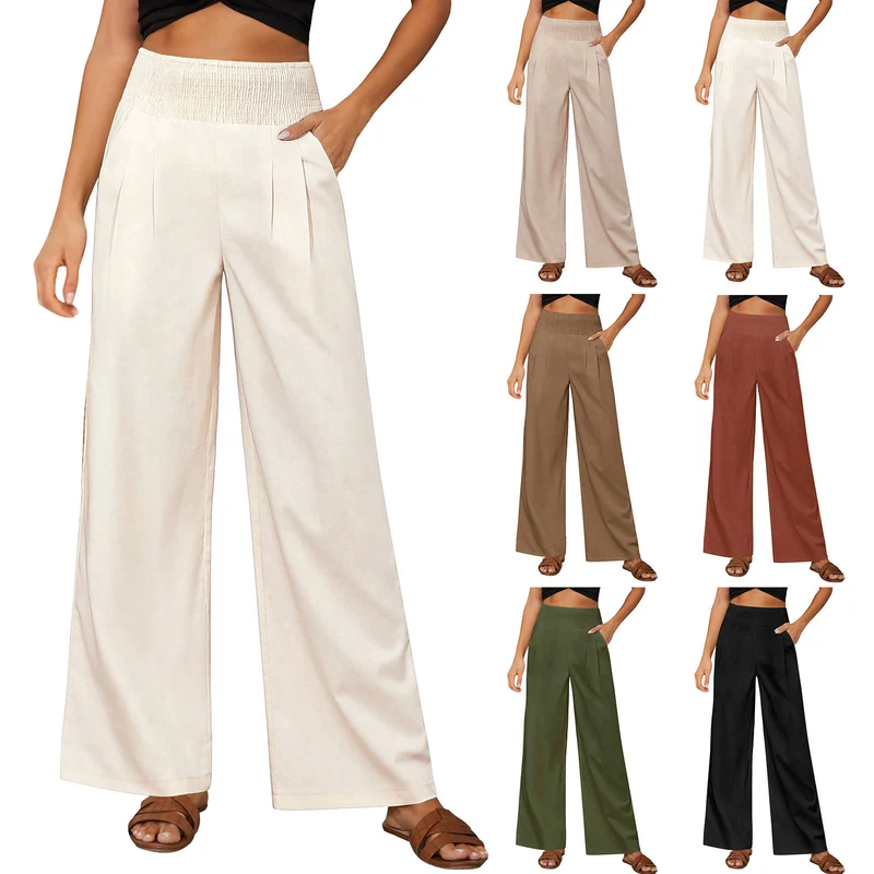 Olivenorma Damen-Loungehose in Unifarbe mit weitem Bein, hoher Taille und lockerer Passform, mit Taschen