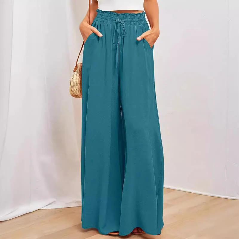 Olivenorma Einfarbige Palazzo-Hose für Damen mit hoher Taille und Taschen