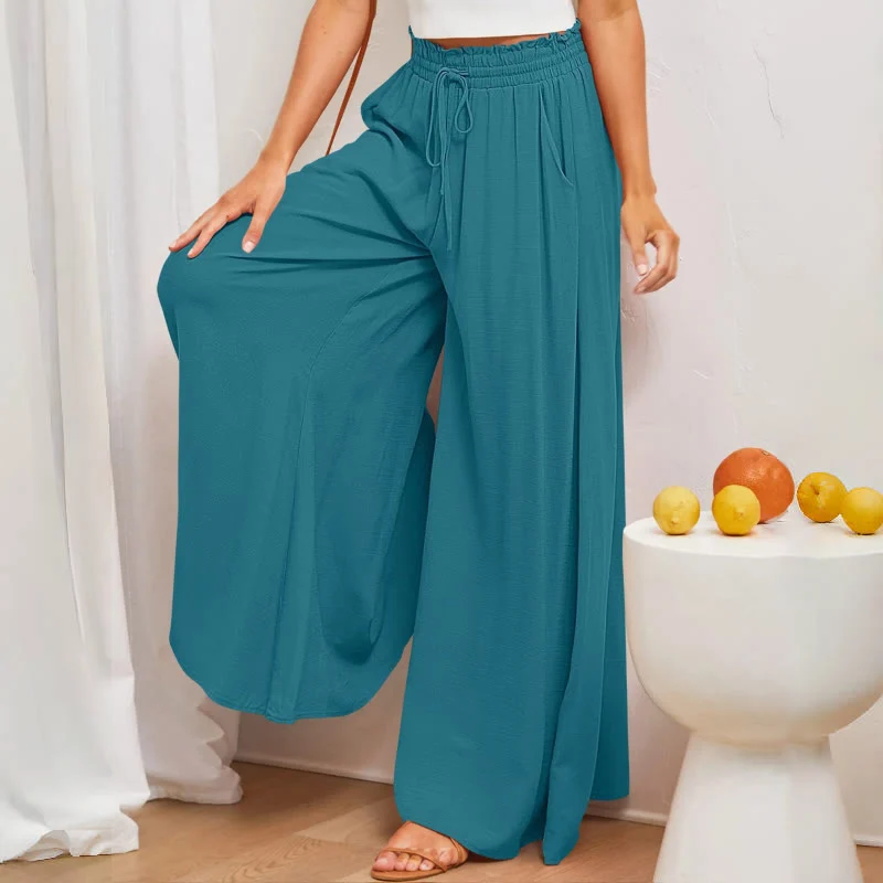 Olivenorma Einfarbige Palazzo-Hose für Damen mit hoher Taille und Taschen