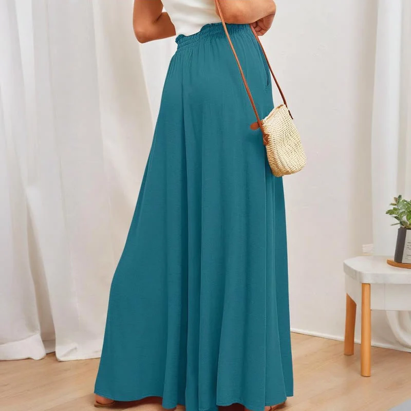 Olivenorma Einfarbige Palazzo-Hose für Damen mit hoher Taille und Taschen