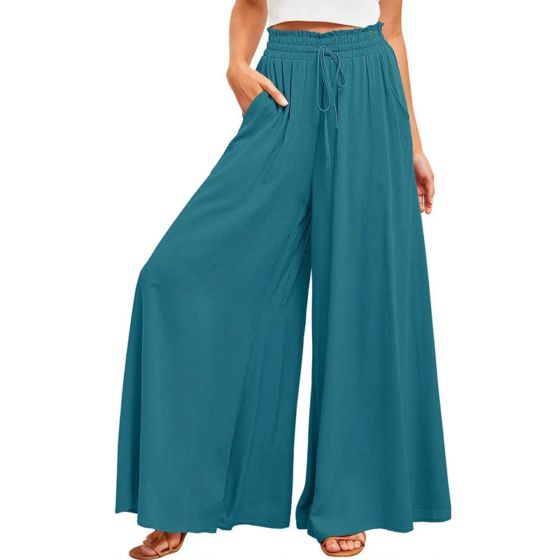 Olivenorma Einfarbige Palazzo-Hose für Damen mit hoher Taille und Taschen