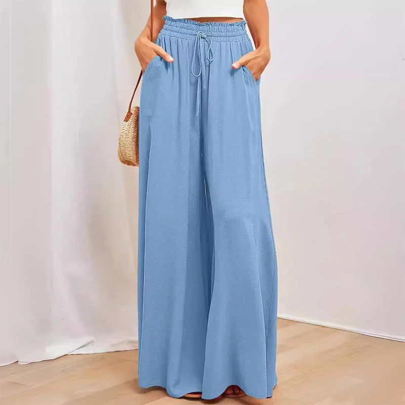 Olivenorma Einfarbige Palazzo-Hose für Damen mit hoher Taille und Taschen